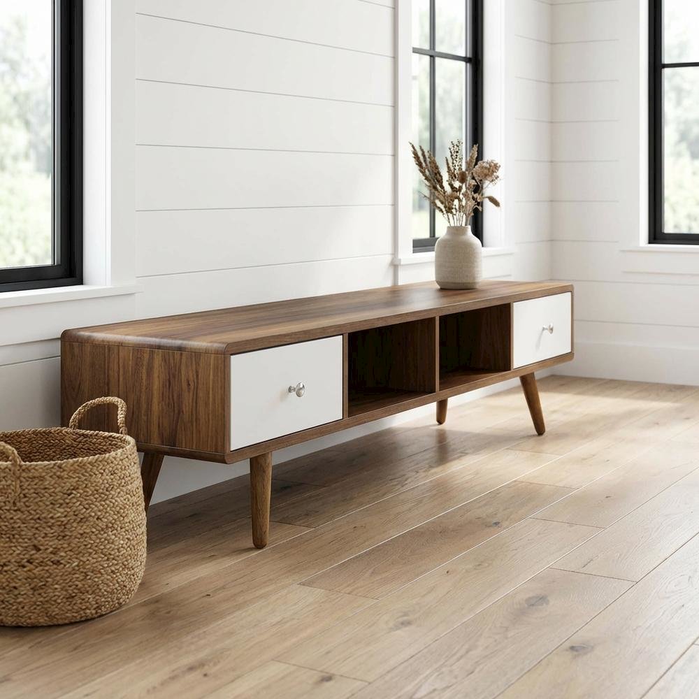 Wood TV Stand with Brown Finish and Spacious Surface
