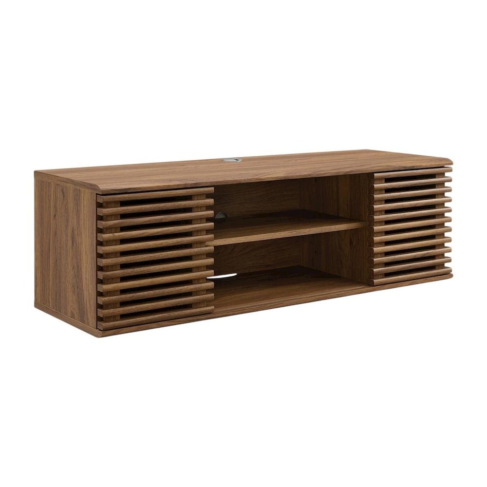 Wooden brown wall-mount TV console with sleek design and sturdy build