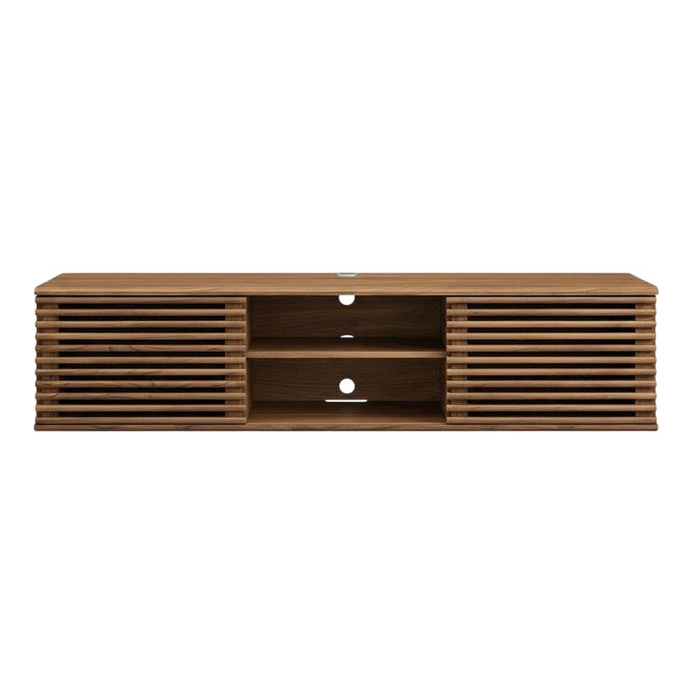 Brown wood wall-mounted media console with sleek design and sturdy construction