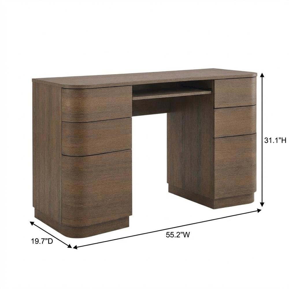 Dark Brown Curved Office Desk with 6 Drawers and Keyboard Shelf