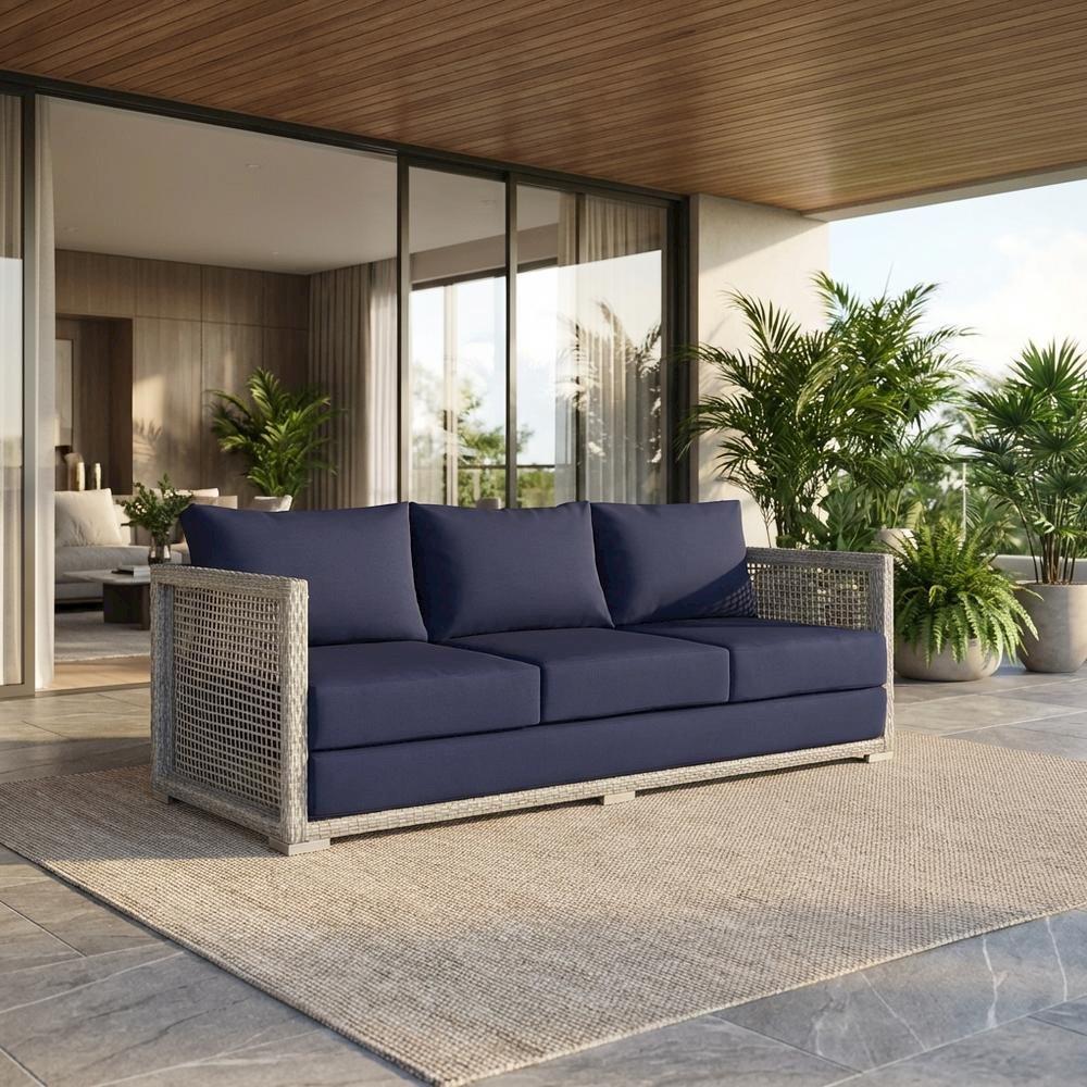 Modern Outdoor Sofa With Armrests, Weather-Resistant Fabric, And Plush Cushions