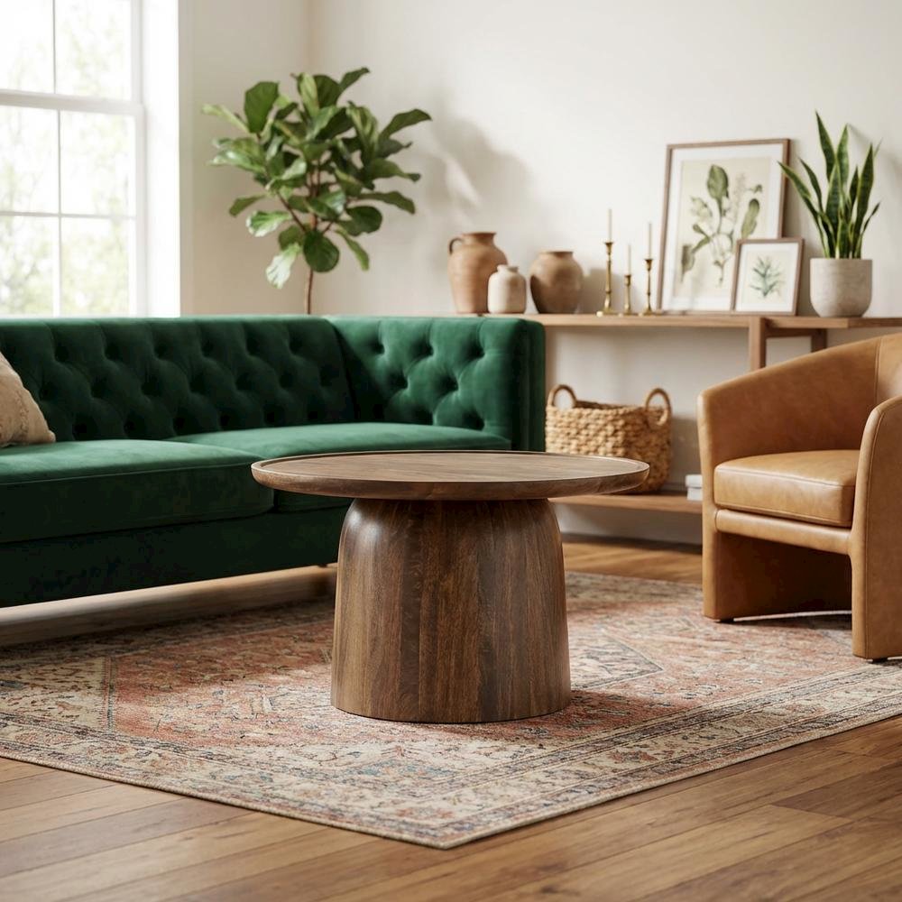 Round Wood Coffee Table with Sleek Design and Solid Oak Finish