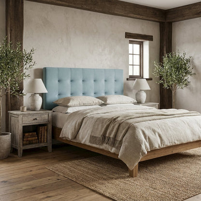 Blue Queen Biscuit Tufted Velvet Headboard Performance Fabric Upholstered