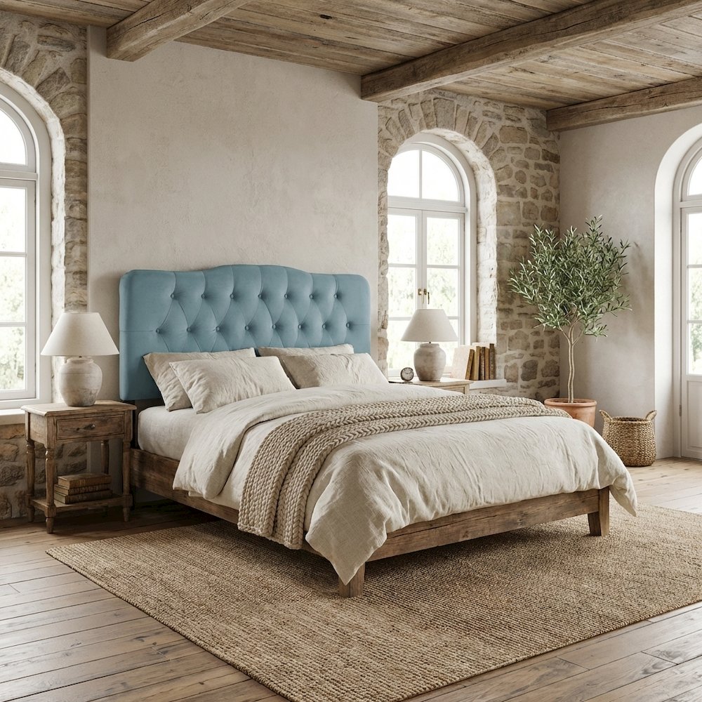 Blue Velvet Headboard, Full Diamond Tufted Design, Performance Fabric Finish