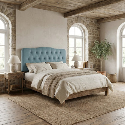 Blue Velvet Headboard, Full Diamond Tufted Design, Performance Fabric Finish