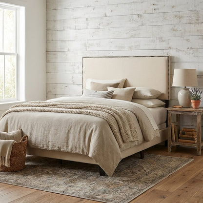 Upholstered Full Headboard, Nailhead Trim in Neutral Fabric for Stylish Bedroom