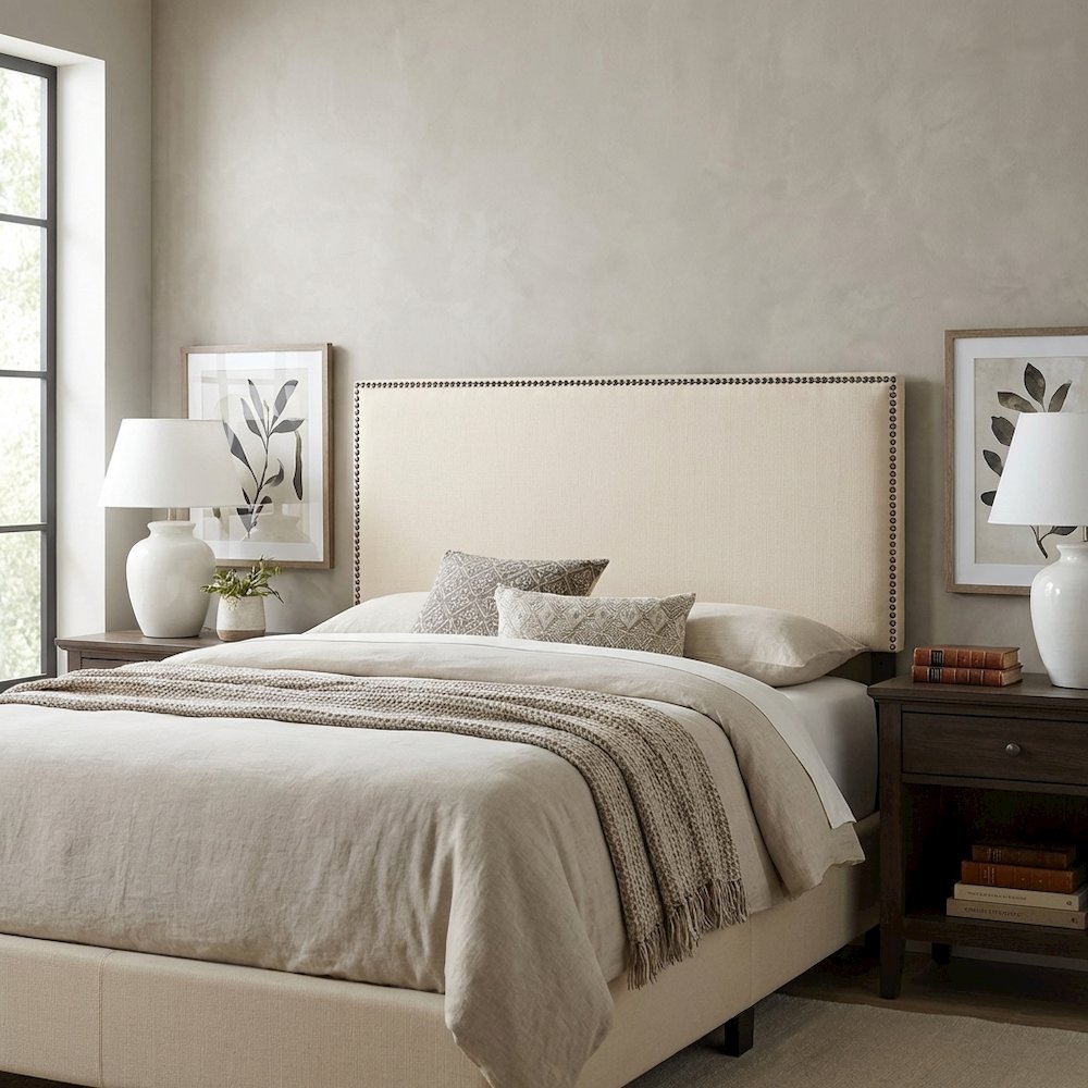 Upholstered Full Headboard, Nailhead Trim in Neutral Fabric for Stylish Bedroom