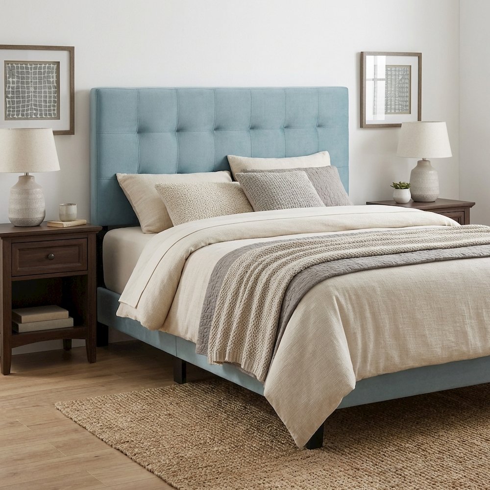 Blue Queen Biscuit Tufted Velvet Headboard Performance Fabric Upholstered