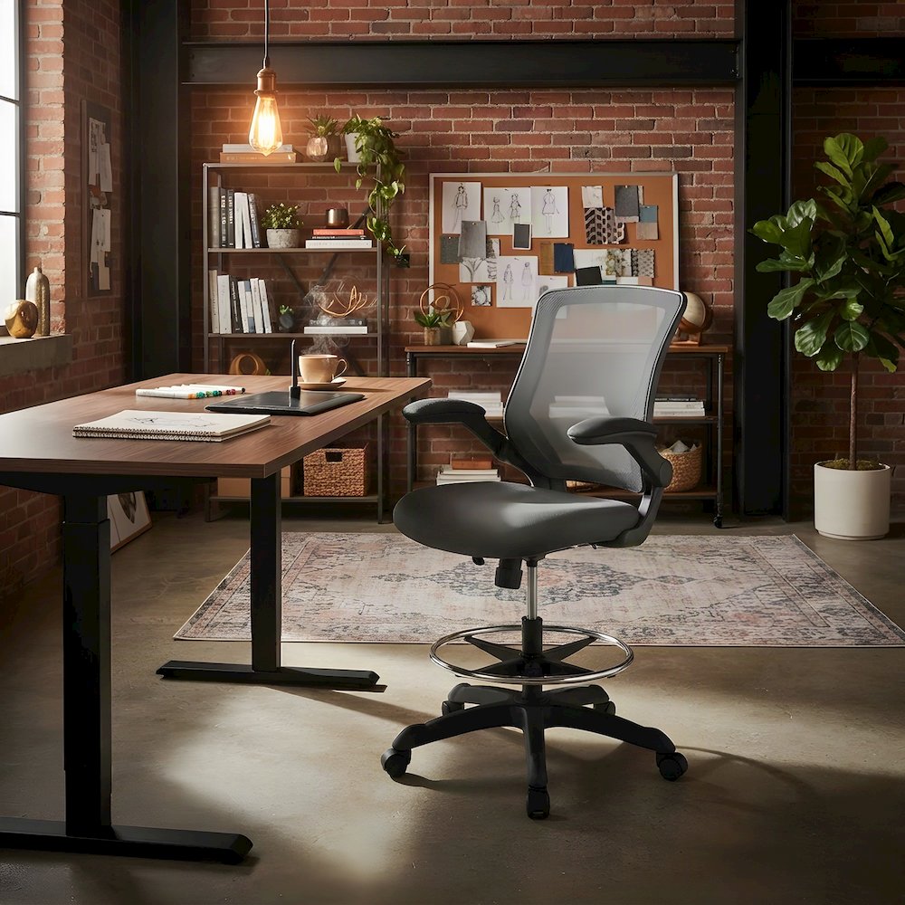Nylon Drafting Chair with Flip-Up Arms for Standing Desk, Black