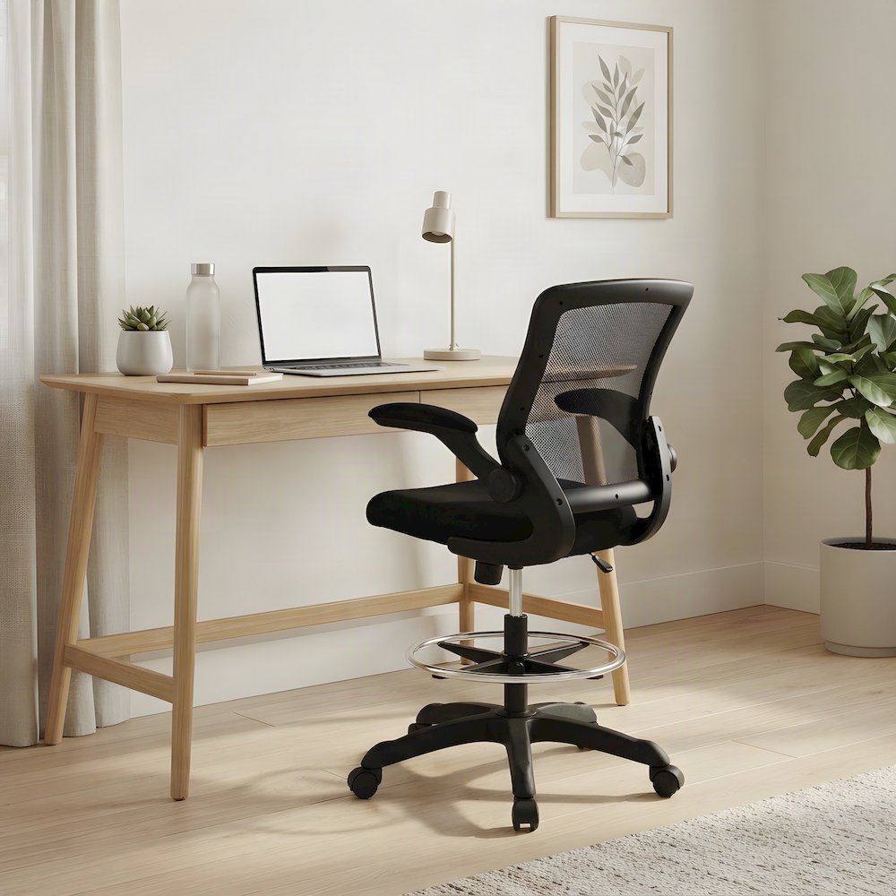 Nylon Drafting Chair with Flip-Up Arms for Standing Desk, Black