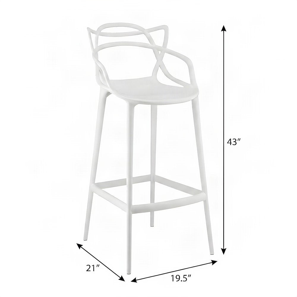 Polypropylene Bar Stool with Back and Footrest, Counter Height, White