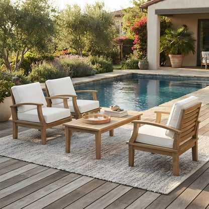 Teak Outdoor Patio Armchairs and Dining Table, 4 Piece Set, Natural White