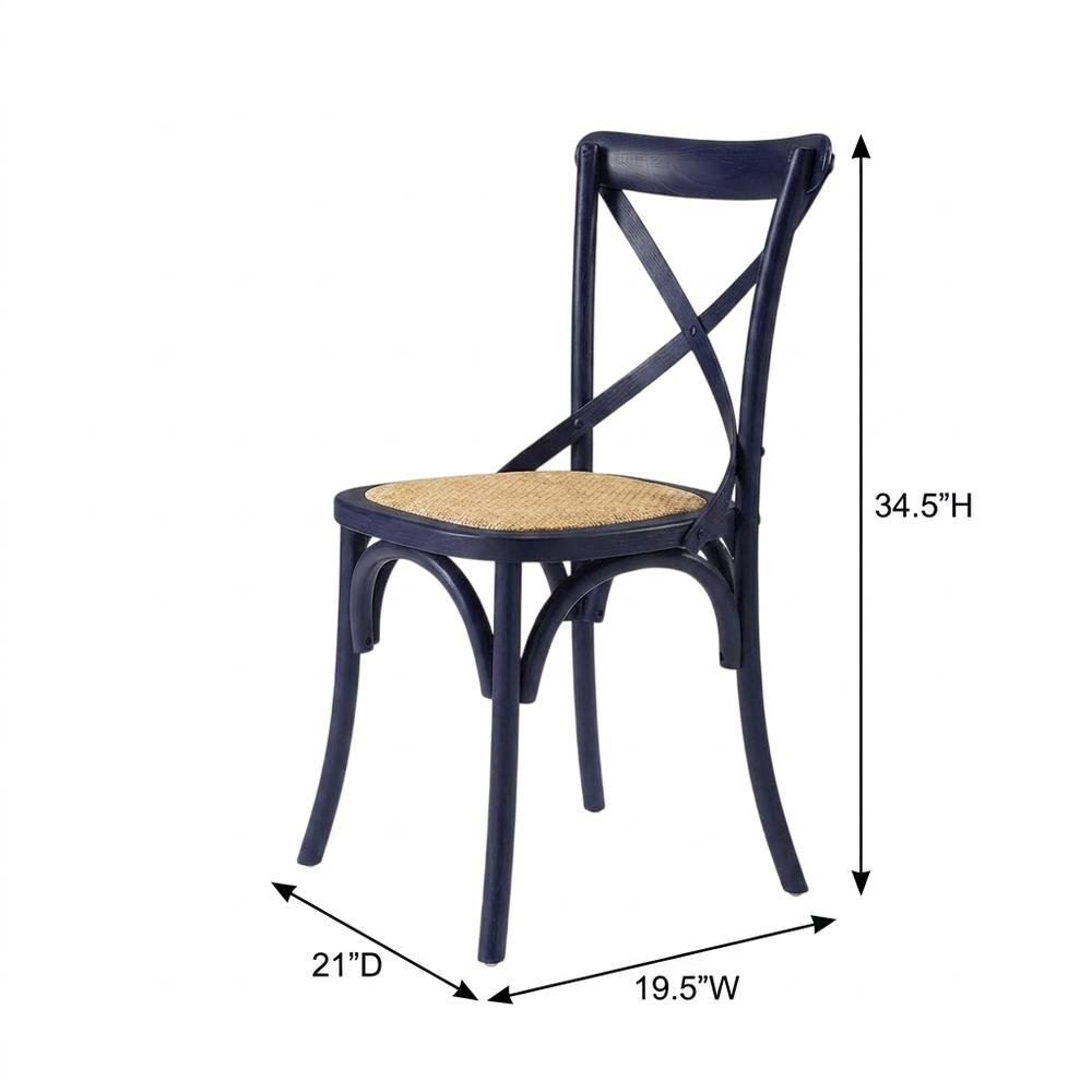Wood and Rattan Dining Side Chair with Cane Back for Dining Room, Midnight Blue