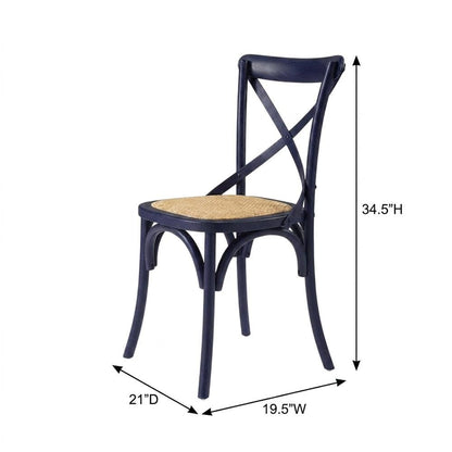 Wood and Rattan Dining Side Chair with Cane Back for Dining Room, Midnight Blue