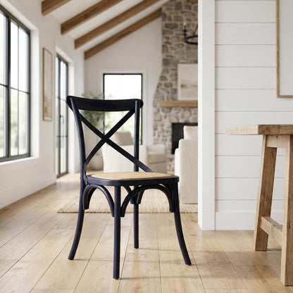 Wood and Rattan Dining Side Chair with Cane Back for Dining Room, Midnight Blue