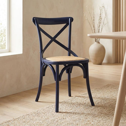 Wood and Rattan Dining Side Chair with Cane Back for Dining Room, Midnight Blue