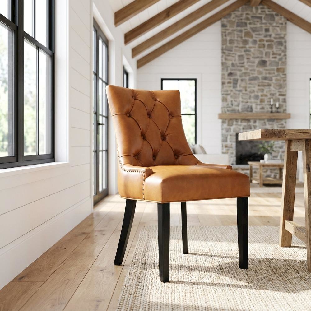 Tufted Vegan Leather Upholstered Dining Chair for Dining Room, Tan
