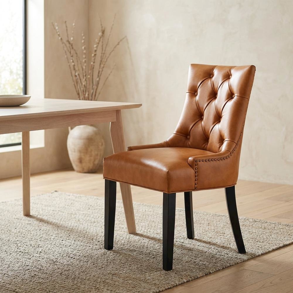Tufted Vegan Leather Upholstered Dining Chair for Dining Room, Tan