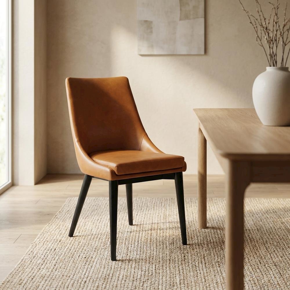 Vegan Leather-Upholstered Dining Chair with Mid-Century Modern Style, Tan