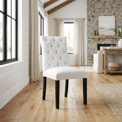 Button-Tufted Upholstered Fabric Parsons Chair, White