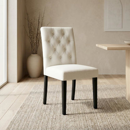 Button-Tufted Upholstered Fabric Parsons Chair, White
