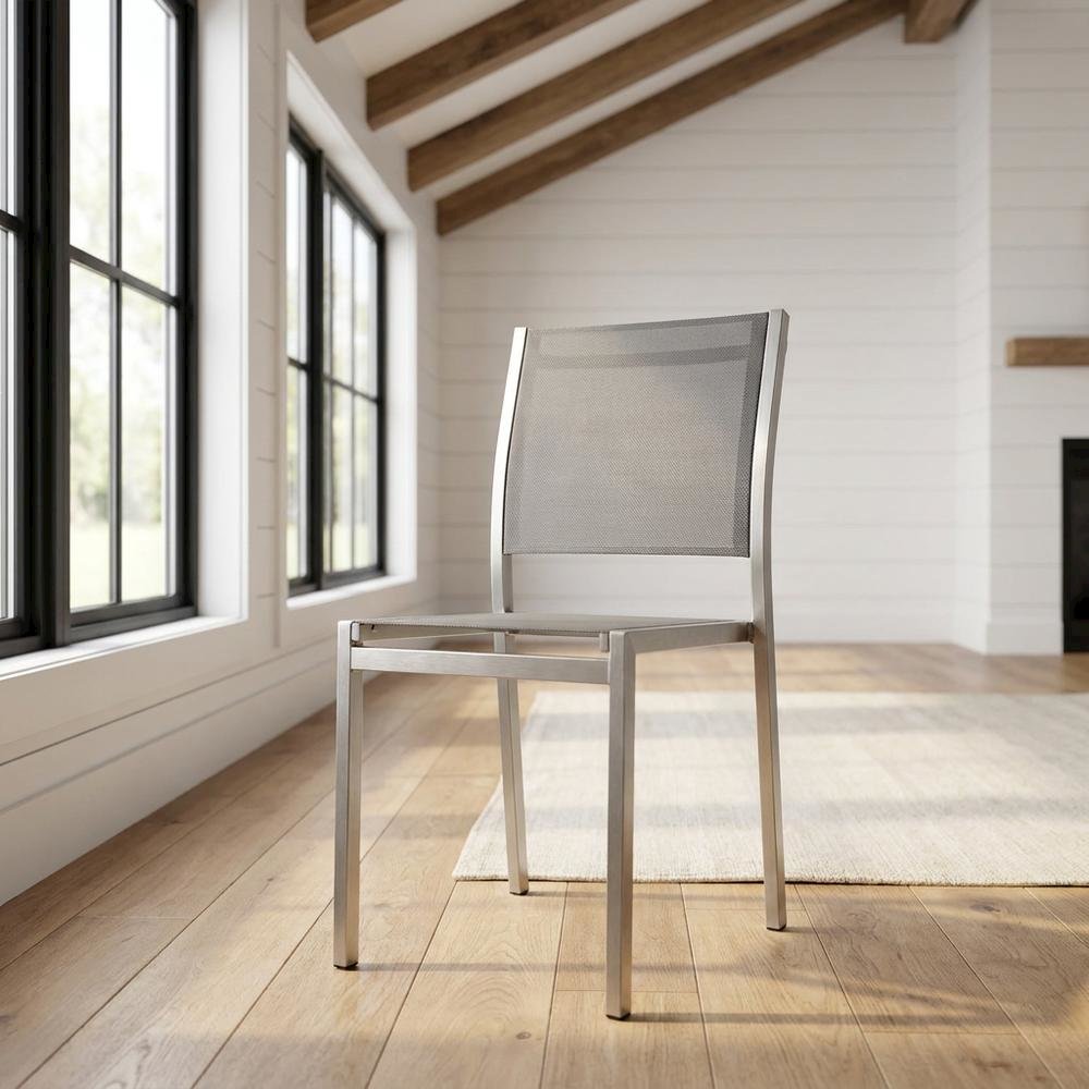 Aluminum Outdoor Side Chair with Open Lattice Back, Silver Gray