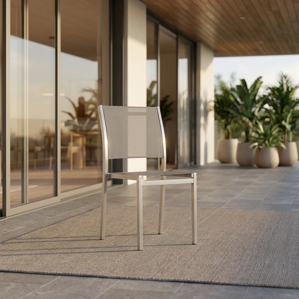 Aluminum Outdoor Side Chair with Open Lattice Back, Silver Gray