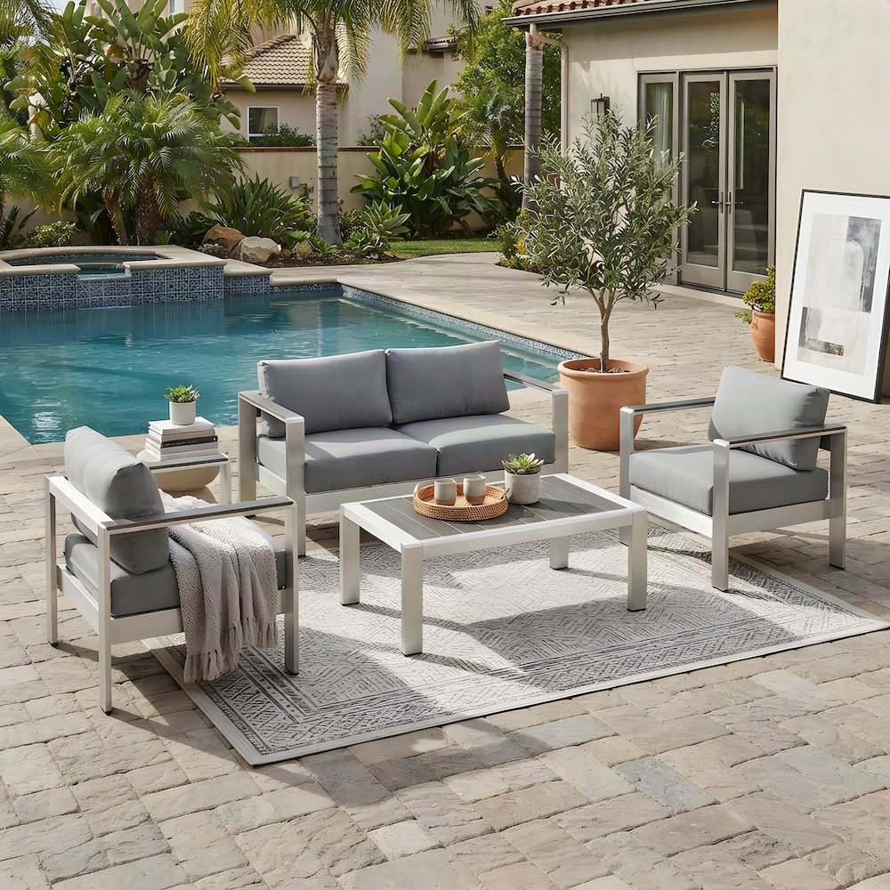Aluminum Outdoor Patio Sectional Sofa with Table, 4 Piece Set, Silver Gray