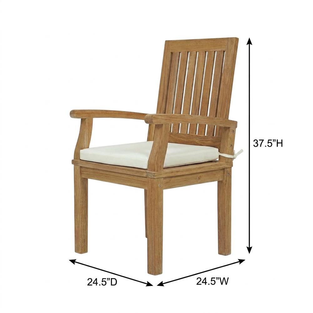 Teak Outdoor Dining Chair with Arms and Cushion for Patio Deck, Natural White
