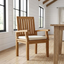 Teak Outdoor Dining Chair with Arms and Cushion for Patio Deck, Natural White
