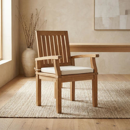 Teak Outdoor Dining Chair with Arms and Cushion for Patio Deck, Natural White