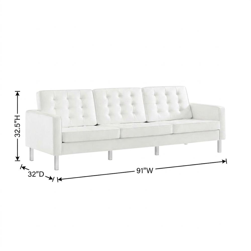 Tufted Vegan Leather Sofa, Faux Leather Couch for Living Room, Silver White