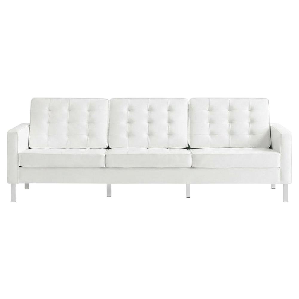 Tufted Vegan Leather Sofa, Faux Leather Couch for Living Room, Silver White