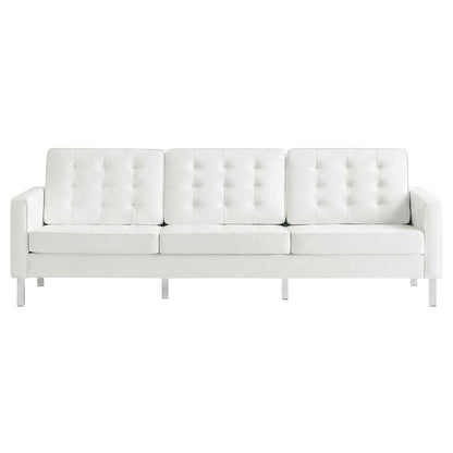 Tufted Vegan Leather Sofa, Faux Leather Couch for Living Room, Silver White