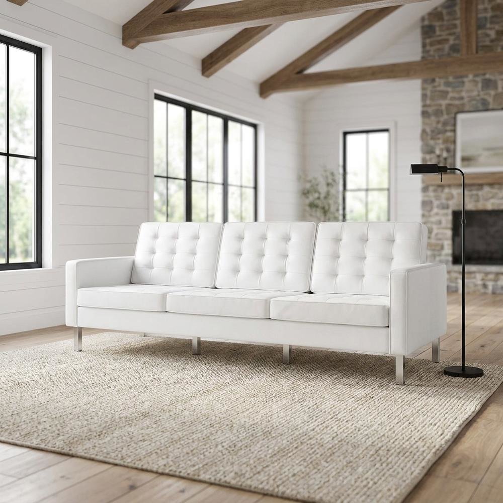 Tufted Vegan Leather Sofa, Faux Leather Couch for Living Room, Silver White