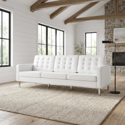Tufted Vegan Leather Sofa, Faux Leather Couch for Living Room, Silver White