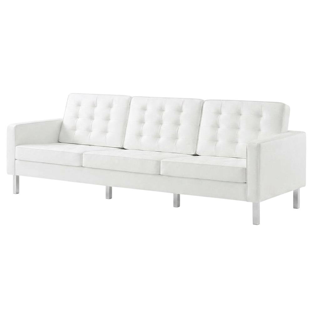 Tufted Vegan Leather Sofa, Faux Leather Couch for Living Room, Silver White