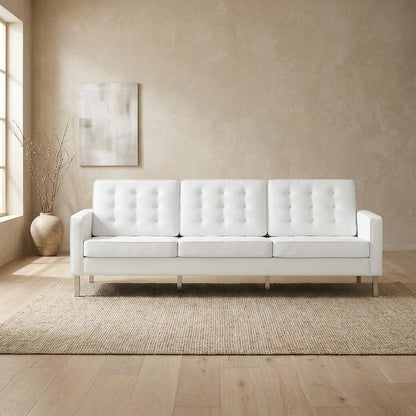 Tufted Vegan Leather Sofa, Faux Leather Couch for Living Room, Silver White