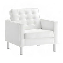 Vegan Leather Button-Tufted Accent Armchair, Mid-Century Modern, Silver White