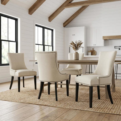 Fabric Upholstered Dining Chairs with Arms, Beige, Set of 4