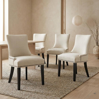 Fabric Upholstered Dining Chairs with Arms, Beige, Set of 4