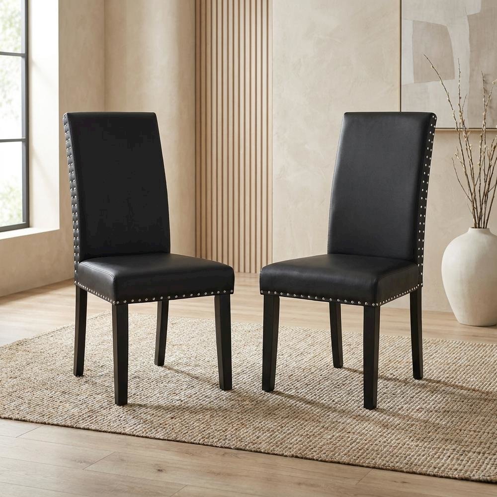 Faux Leather Upholstered Dining Side Chairs, Black, Set of 2