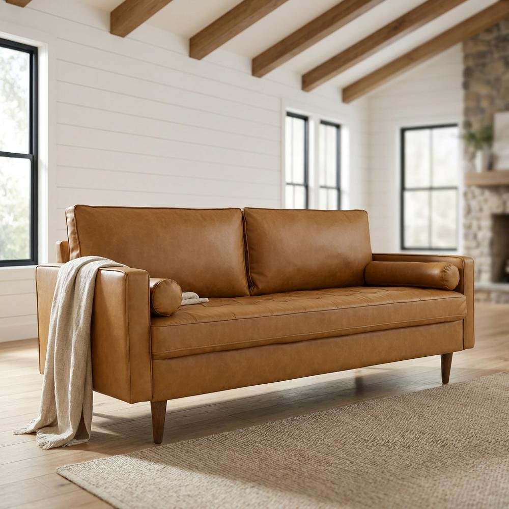Tufted Vegan Leather Sofa with Track Arms for Living Room, Tan