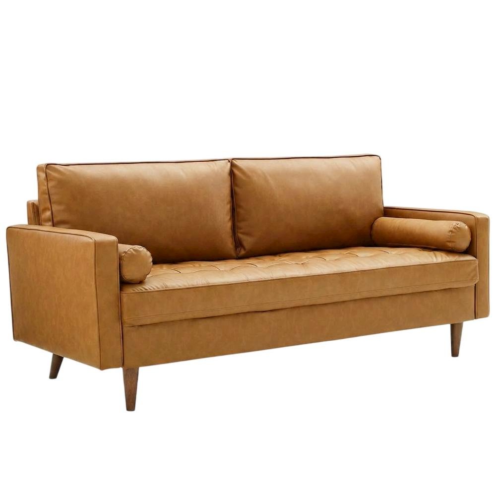Tufted Vegan Leather Sofa with Track Arms for Living Room, Tan