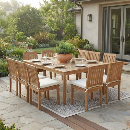 Teak Outdoor Patio Dining Table with 8 Chairs, 9 Piece Set, Natural White