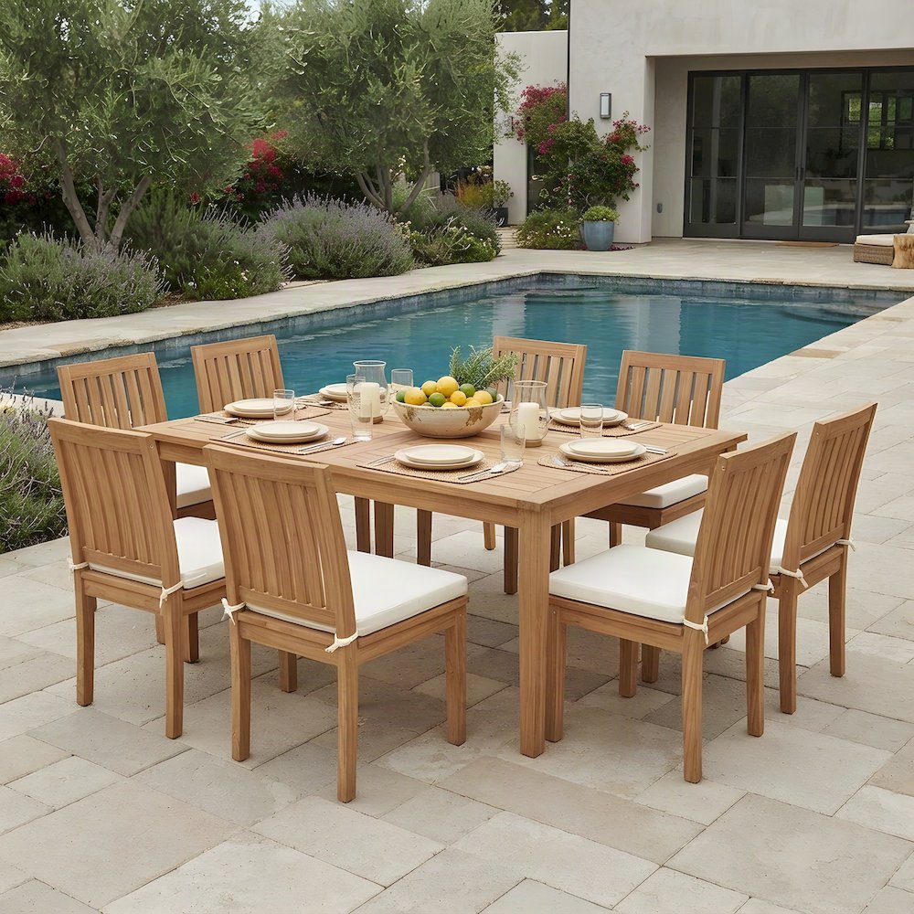 Teak Outdoor Patio Dining Table with 8 Chairs, 9 Piece Set, Natural White
