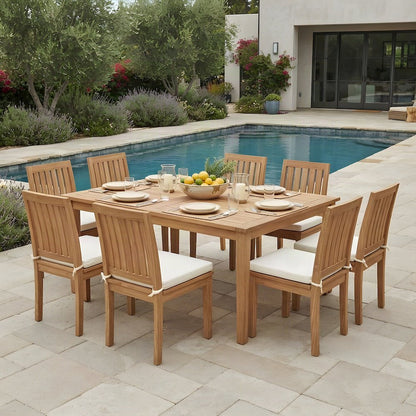 Teak Outdoor Patio Dining Table with 8 Chairs, 9 Piece Set, Natural White