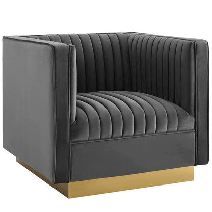 Vertical Channel Tufted Upholstered Performance Velvet Sofa and Armchair Set