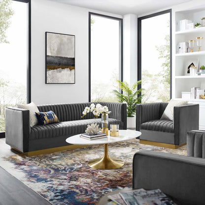 Vertical Channel Tufted Upholstered Performance Velvet Sofa and Armchair Set