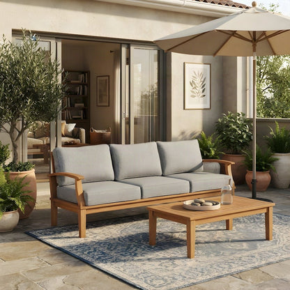 Solid Teak Outdoor Patio Sofa with High Backrest for Deck or Porch, Natural Gray